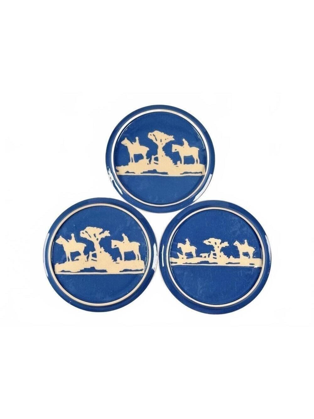 Set of 3 Green & Co Gresley England Tally Ho Blue Hunt Scene Teapot Stands 1950s